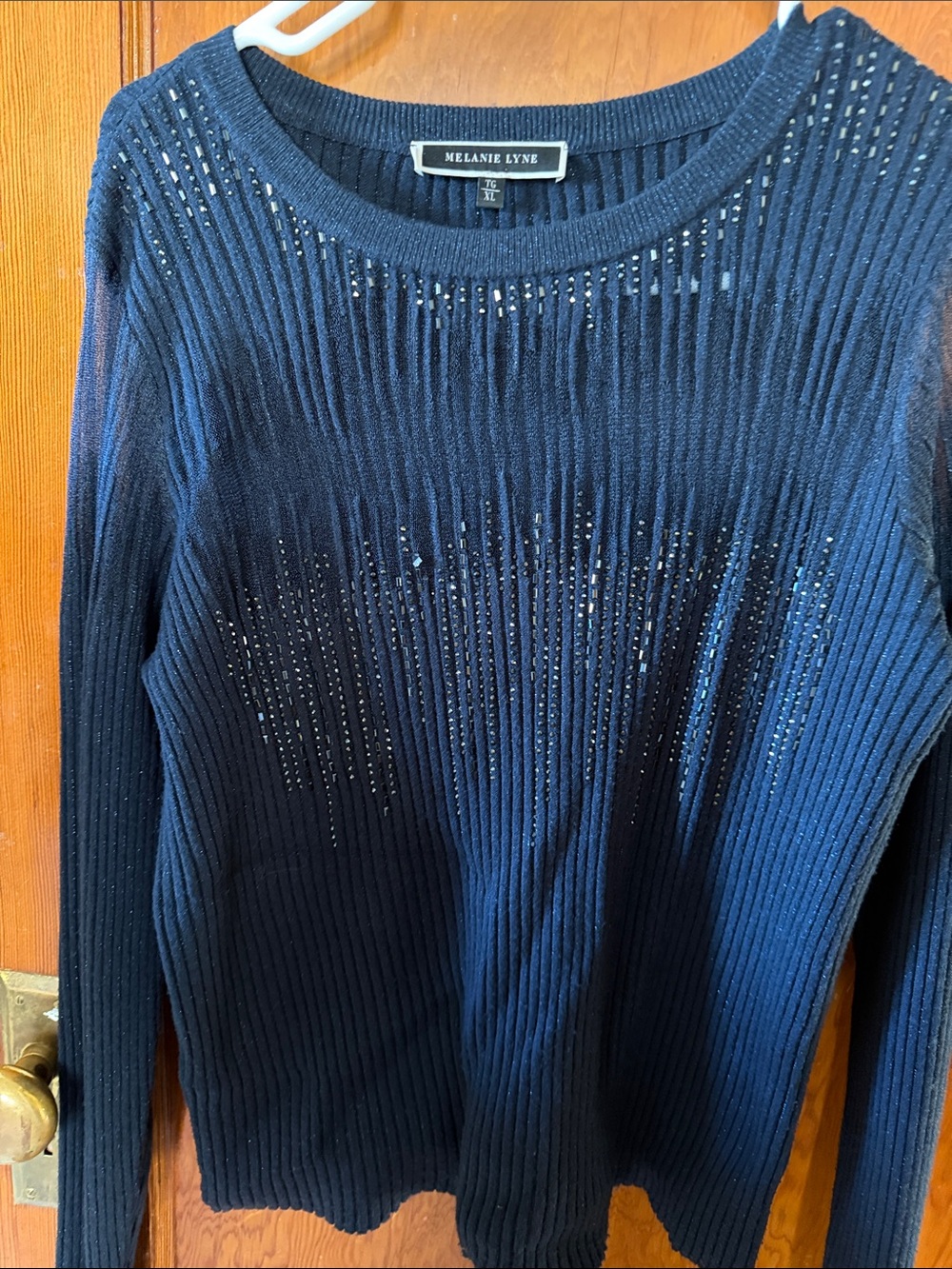 Melanie Lynne Women's Navy Ribbed Long-Sleeve Sweater with Subtle Shine